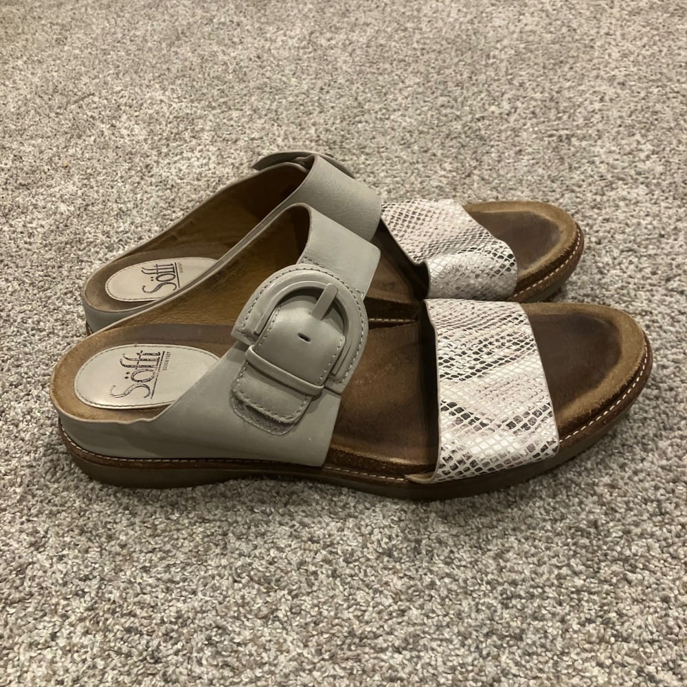 Sofft Braye Gray Leather Snakeskin Print Buckle Slide Sandals Women 8.5M Comfort